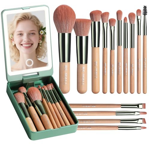 BS-MALL Travel Makeup Brush Set – 14 Pcs Foundation Powder Concealers Eye Shadows with LED Light Mirror, Green
