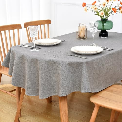 NEWISHER Farmhouse Water Resistant Oval Tablecloth 153x215 cm (60x84 inch) | Faux Linen Table Cloth Wipe Clean, Grey Tablecloth, Washable Table Cover for Kitchen, Dining, Party, Banquet, Indoor Outdoor