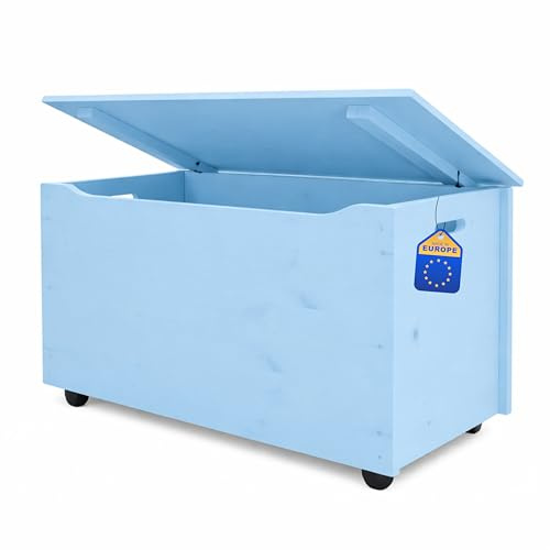 Pinus Spielzeugkiste 90x48x51 cm mit Deckel Rollen Kinderzimmer Blau | Kiefernholz, große Aufbewahrung, für Spielzeug Decken Kuscheltiere, 4 Rollen, niedrige Höhe, leichtes Einräumen