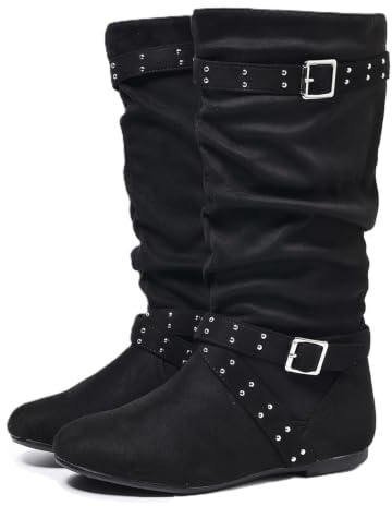 Slouchy rynkade knähöga stövlar för kvinnor platta western cowboy ridstövlar | med spänne nit rem dekor vardagliga höga vinterstövlar för semester fest shopping gatustil födelsedag