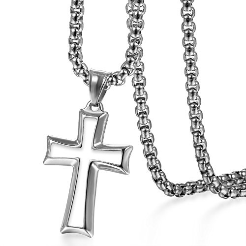 Flongo Rosenkranz-Kette Anhänger Halskette, Edelstahl Halskette Rosenkranz Kette Kreuz Kruzifix Kette Herrenkette Silber Weiß Poliert Herren Männer Accessoires