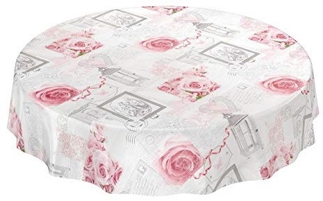 Nappe en toile cirée - Facile d'entretien - Lavable - Motif roses - Style maison de campagne - Gris vieilli - Ronde - 140 cm