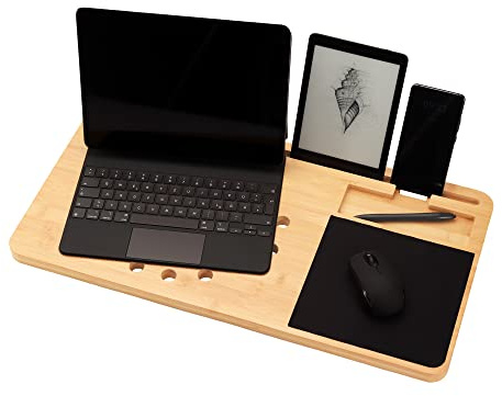 Cuscino 2 in 1 per laptop con tappetino per mouse, tavolo per laptop con cuscino, base per laptop, tavolo in legno di bambù