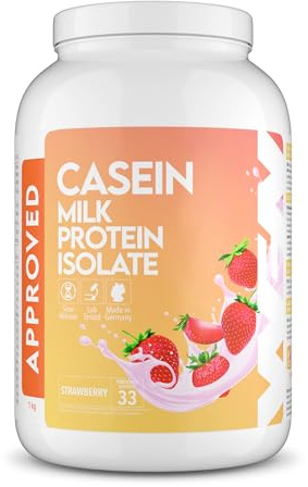 WFN Approved Casein - Fraise - Boîte de 1 kg - Protéines de caséine avec lactase - Poudre de protéines crémeuses - Très soluble - Fabriqué en Allemagne