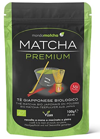 mondomatcha Tè Verde Matcha Bio Giapponese - Grado Premium – dalle pregiate coltivazioni di Uji, raccolto a mano, macinato a pietra - 100g Organic mondomatcha