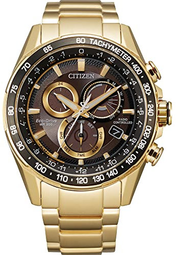 Citizen Orologio da uomo Eco-Drive Sport Luxury PCAT cronografo, calendario perpetuo, Bracciale color oro, quadrante nero, 9 inches, Cronografo