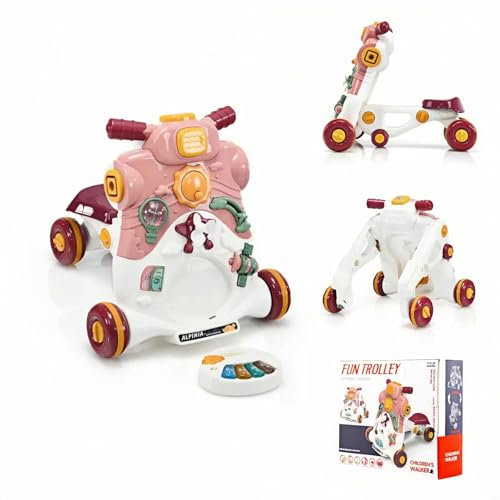 COSTWAY 3 in 1 Primi Passi Cavalcabile Spingibile, Giocattolo Educativo con Musica e Luci, con 4 Ruote Antiscivolo, Ideale per Bambini 6-36 Mesi (Rosa)