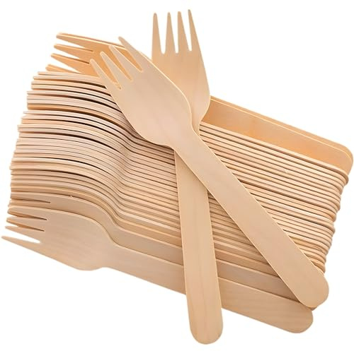 Ecowise Strong Disposable Wooden Forks Pack of 100 Ecofriendly Biodegradable Disposable Wooden Cutlery Forks Birchwood Wooden Cutlery Set for Birthday Party, Events, Christmas Party Picnic Wedding