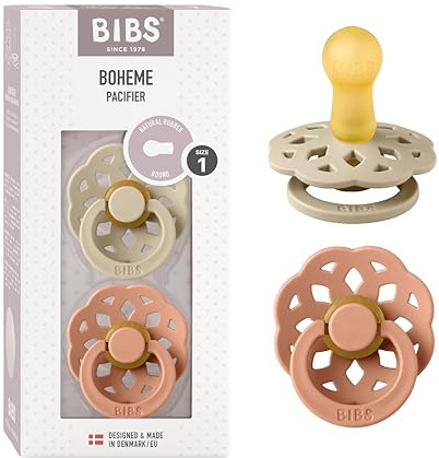 BIBS Boheme Paquete de 2 chupetes. Libre de BPA, Tetina redonda. Látex natural, Talla 1 (0-6 meses), Vanilla/Peach