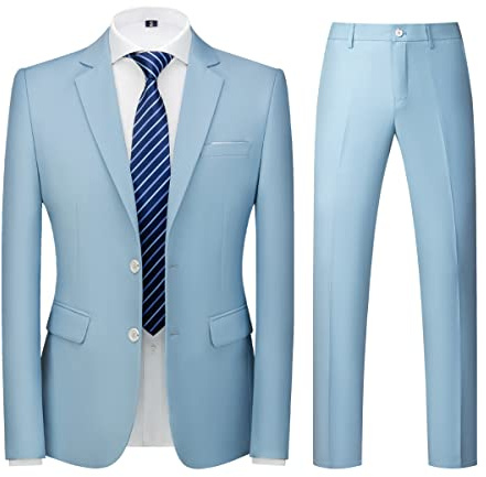 Män kostymer 2 delar smal passform enkelknäppt två knappar svart bröllop smoking kostym blazer byxor set, Himmelsblått, XXL