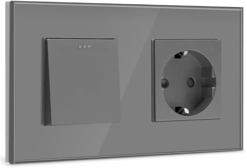 BSEED 1-Gang-Wandschalter + Schuko-Stecker 16 A, Drucktasten-Lichtschalter, Grau, für Küche