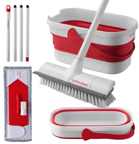 Ensemble serpillère pliable et seau avec essoreuse, brosse à récurer robuste, balai pliable pour la maison, le nettoyage intérieur ou extérieur, patio, terrasse, camping-car, béton et entretien du sol