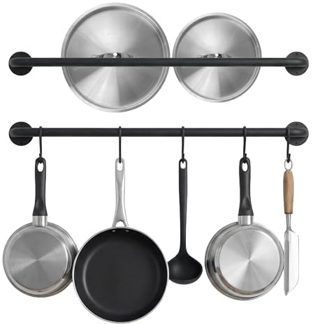Conwithna Black Steel-made Kitchen Utensil Rack Organizer Wall-mounted Pot Pan Wall Hanger Holder For Hanging Rail with 10 S Hooks