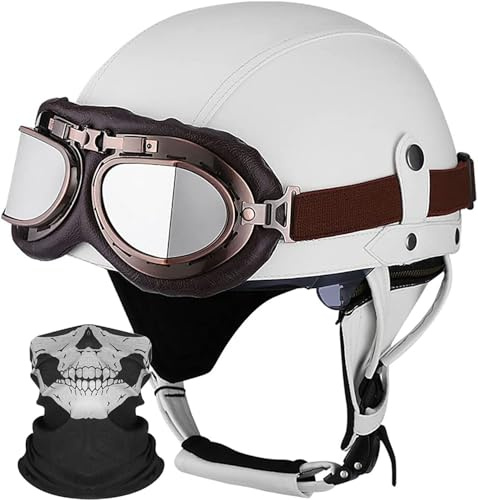 Deutschen Retro Motorrad PU Leder Helm Open Face Motorradhelm mit Schutzbrille ECE-Zulassung Motorradkreuzer-Rollerhelm im Scooter Mofa-Helm Vintage Jethelm für Herren Damen