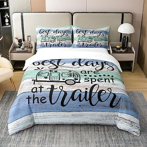 richhome Happy Camping Bus 100% Bio-Baumwolle Bettbezug Set Camper RV Innen Dekor Tröster Abdeckung Set Blau Weiß Vintage Holz Scheune Tür Bettwäsche Set 200x200