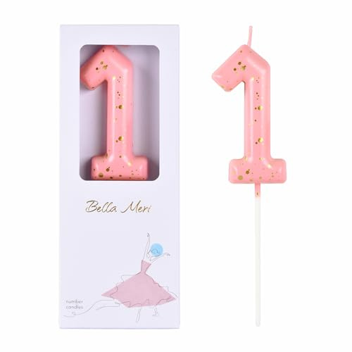 Bella Meri 2.76 Inch Classical Pink Gold 1 Number Birthday Candles, Cake Number Candles, Party Celebration