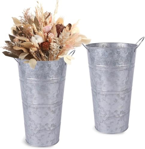 12 Inch Galvanized Metal Vases for Flowers - 2 Pcs Farmhouse Decorative Tall Flower Bucket with Handles, Rustic French Tin Planter Buckets for Wedding Decor (Silver)