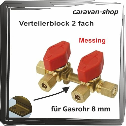 Verteilerblock 2 fach Messing Absperrhahn Gashahn für Gasrohr 8mm Propan Wohnwagen Wohnmobil Marine Boot