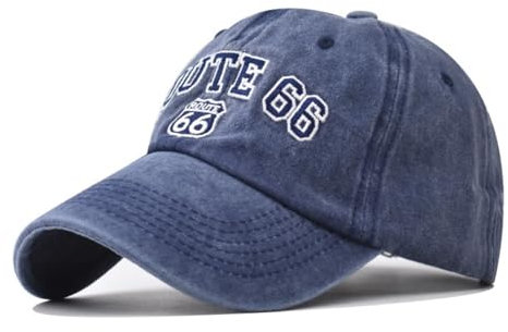 Baseballkappe aus gewaschener Baumwolle, Vintage-Stil, für Damen und Herren, klassische Route 66, bestickt, Sonnenschutz, Marineblau, M-L