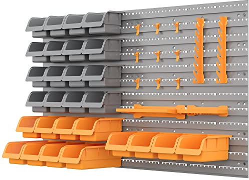 DURHAND Organizador de Herramientas de Pared de 44 Piezas 95x54 cm Estantería de Pared para Herramientas con 28 Cajas Apilables y Diferentes Ganchos Gris y Naranja