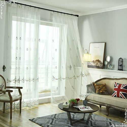 Beydodo Vorhänge Weiß 2er Set mit Haken, Gardinen für Schienensystem 137x244CM Landhausstil Stickerei Blumen Motiv Gardinenschals Polyester Halbtransparent für Wohnzimmer Schlafzimmer Küche