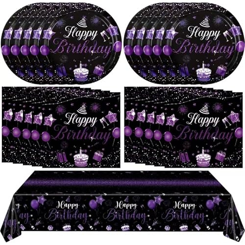 Purple & Black Decorations Set - Disposable Tableware with Plates, Napkins, Tablecloth & More for Men & Women's Birthdays
