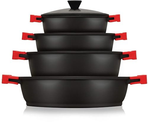 briebe Black Titanium Batería Cocina Inducción 8 Piezas Antiadherente Titanio, Juego 4 Ollas Aluminio Fundido sin PFOA, Set Cazuelas Tapas Cristal, Asas Silicona Extraíbles, Vitrocerámica, Gas, Horno