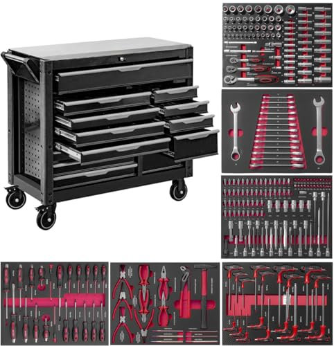 JOMAFA Carro de Taller Grande de 13 cajones con Bandeja de Acero Inoxidable, Edición XXL con 6 modulos de Herramientas Rojo