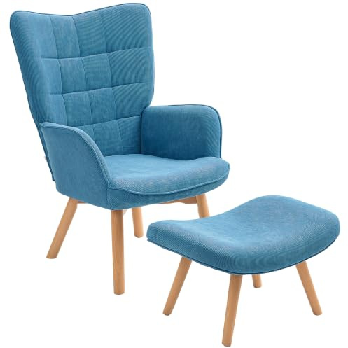 HOMCOM Ohrensessel mit Hocker Sessel mit Cordoptik für Wohnzimmer Blau | Loungesessel, Modern Relaxsessel, Armlehnensessel, Lesesessel, für Schlafzimmer