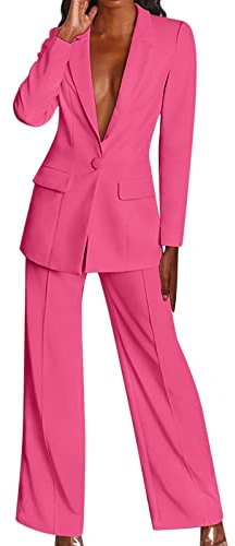 Generico Tailleur Femme Élégant Cérémonie Formelle Blazer & Pantalons Business Fêtes Complet Blazer Manches Longues Bureau Grandes Tailles Vestes de Costume Unie Travail Tailleur 2025, Rose chaude., M