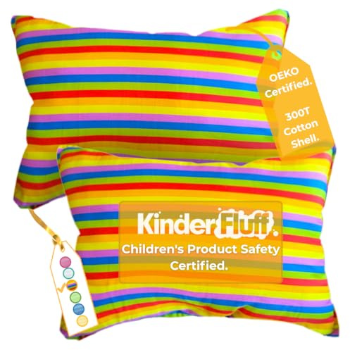 kinder Fluff Toddler Pillow (2-Pack) 13x18in – Small Pillow for Kids Age 2+, Bright Rainbow Design, 100% Cotton Sateen Stripe 300T, Down Alternative Fill, Machine Washable, Colourful Kids Cushion - S