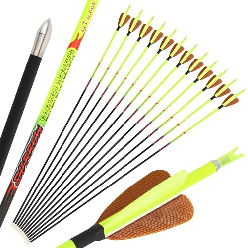 SHARROW Bogenschießen Carbonpfeile 32 Zoll Jagdpfeile Carbon Pfeile Spine 400-1000 Befiederung 2 Zoll Naturfedern Bogenpfeile für Compoundbogen Recurvebogen (12, Gelb, Spine 800)
