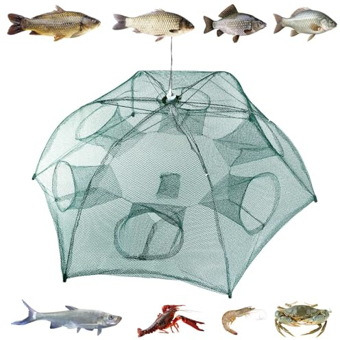 Zorpupoa Fishing Trap Net, 33 Inches Portable Folded Fishing Bait Trap, Foldable Bait Net, 6 Sides 6 Holes Cast Mesh Trap Automatic for Fish/Crab/Shrimp/Crawdad