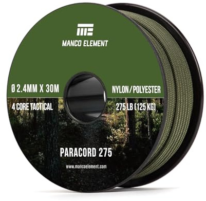 Manco Element Paracord 275 2,4mm x 30m Nylon Schnur Seil 4 Kern | Schwarz, Nylon & Polyester, 125kg (275lbs) Tragfähigkeit, UV & Abriebfestigkeit, für Basteln, Armband, Outdoor, Spule