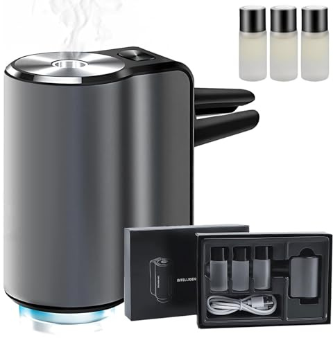 Smart Car Air Freshener Aromatherapy Diffuser with 3 Piece Essential Oil Adjustable Car Aroma Diffuser Cologne Perfume Fragrance USB Rechargeable 3 Scent Modes