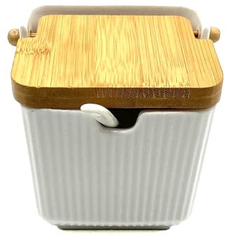 PLUS HOME Salero de Cocina-Azucarero Cocina, Ceramica con Tapa Madera Diseño Modernos.10,5x9x9cm (Blanco raya)