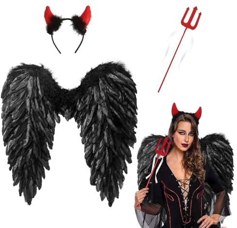 60cm Ali D'angelo Diavolo Nero, Ali D'angelo con corna da diavolo,Costume da Angelo e Bacchetta Magica, Fate Costume Accessori,angelo diavolo ali adulti Nero, Costumi di Carnevale (Nero 60*60cm B)
