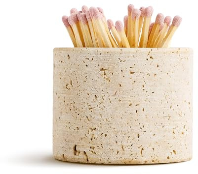 WORHE Travertine Stone Match Holder, 6.5x6.5x5cm Decorative Match Organizer | With Fire Fighter and Extra Fire Fighter Pad for Fireplace, Candles, Home Decor Gift, Matches Not Included, Beige (WH072)
