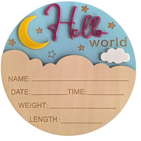 Graviertes Baby-Name, Datum, Souvenir, Geschenk, Mond-Thema, Holz, Krankenhaus-Geburtsschild, runde Form, Kinderzimmer, Dekotafel für Krankenhaus, Kindergarten, Neugeborene