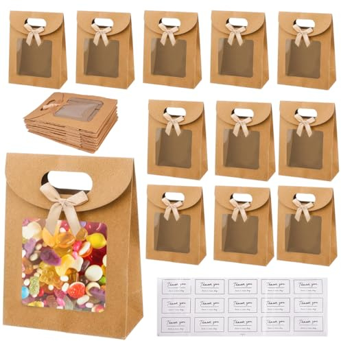 12 Stück Geschenktüte 12 x 16 x 6cm mit Fenster, mit Einen Aufkleber | Kraftpapier Verpackungsbeutel, Papiertragetaschen Kraftpapier natur mit Fenster, Braun Geschenktüte für Süßigkeiten,Geschenke
