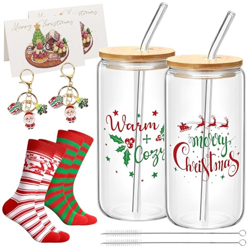 Julkopp, dryckesmugg med lock och sugrör, set med julstrumpor, julkort och nyckelringar, kopp, jul, julglas, julklappar