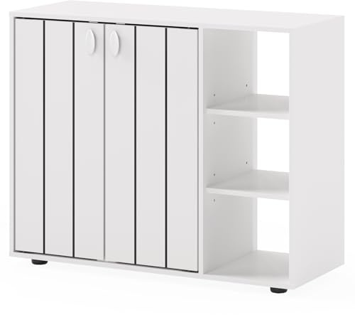 COSTWAY Wooden Shoe Cabinet, Freestanding Shoe Cupboard with Double Doors and Open Adjustable Shelves, 3-Tier Footwear Rack Shoes Storage Organiser for Hallway Entryway, 80x31x64cm (White)