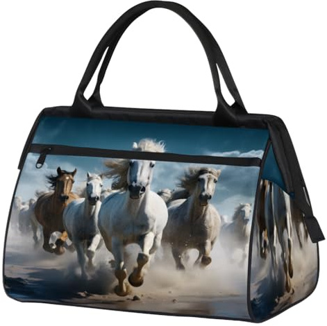 Horses Running Gym Bag for Women Men Waterproof Travel Duffel Bag with Trolley Sleeve Lightweight Sports Weekender Overnight Carry On Bag for Workout Travel Camping