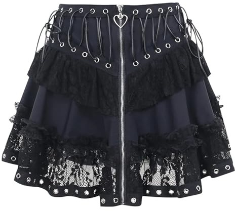 QWWQYDY Falda Pirata Mujer Falda Punk Vintage de Cintura Alta con Cremallera Frontal for Mujer, minifaldas Skater góticas Negras(S)