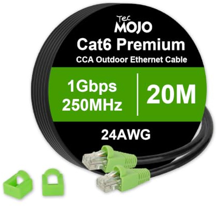 Tecmojo Cat 6 Outdoor Ethernet Cable 20M 24AWG Patch Cord RJ45 Internet Cable with Double Layered Jacket(PVC+PE) for Direct Burial and Conduit Runs,CCA, Black, 20M