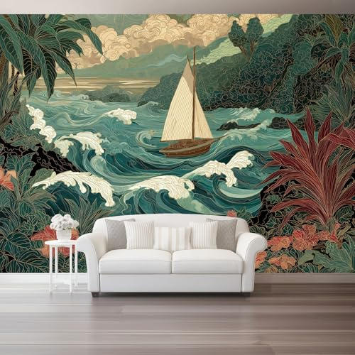 Dark Green Photo Wallpaper, Landscape Painting Waves Sailboat Plants Print Wall Mural, Wall Mural Decoration Poster Design, Canvas Material for Living Room Bedroom Nursery Action 350 x 256 cm (W x H)