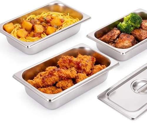 Relaxdays Set de 3 recipientes Gastronorm GN 1/3, Acero Inoxidable con Tapa, 6.5×32.5×17.6 cm, Plateado
