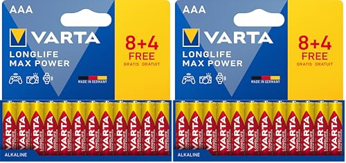 VARTA Pile AAA, 8+4 (12 pezzi), Longlife Max Power, Alcaline, 1,5V, ideale per fotocamere digitali e controller, imballaggio riciclato al 90%, Made in Germany (Confezione da 2)