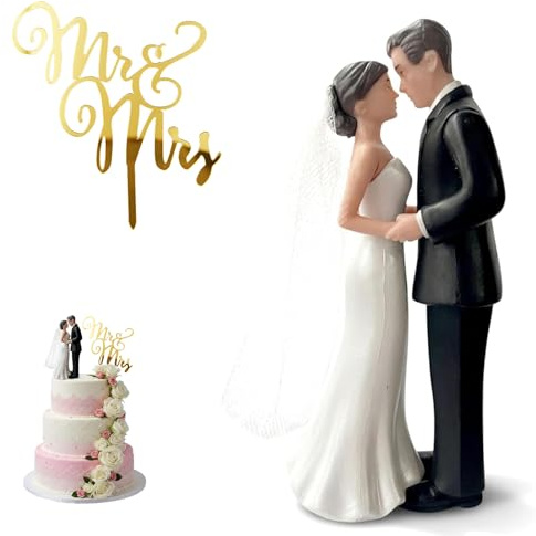 2pcs Wedding Cake Topper Set, Bride Groom Figurine with Mr Mrs Cake Pick | Traditional Design for Wedding Anniversary Engagement Decorations