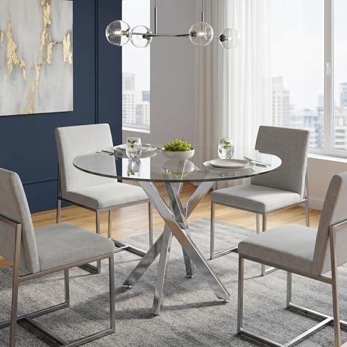 GAWYOEX Mesa de comedor redonda de cristal de 80 cm, mesa transparente con patas de metal, mesa de comedor, cristal templado, mesa redonda para el hogar, comedor, sala de estar (redonda plateada)